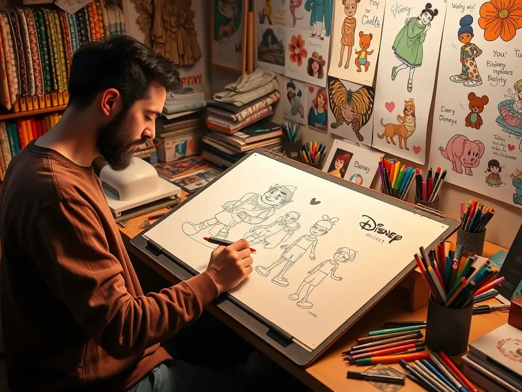 A designer sketching Disney character designs for apparel.