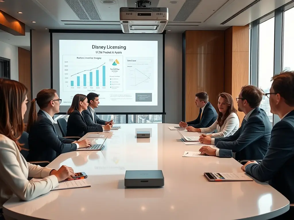 Business executives discussing Disney licensing strategies in a meeting room.