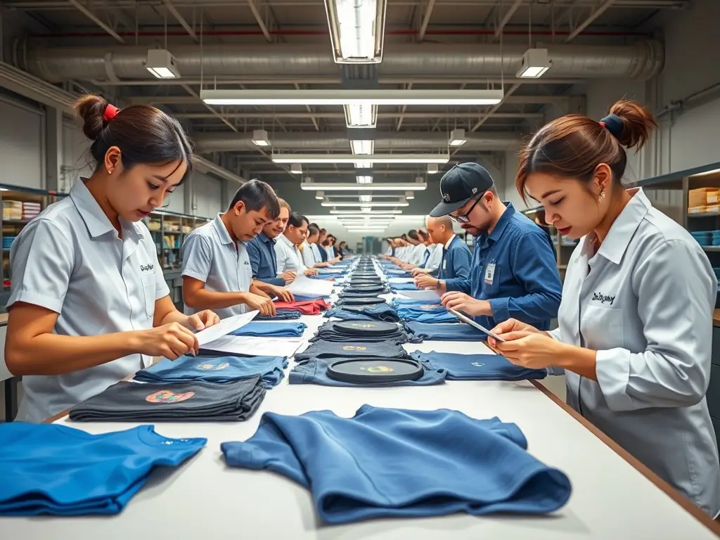 A quality assurance team inspecting Disney apparel for compliance.