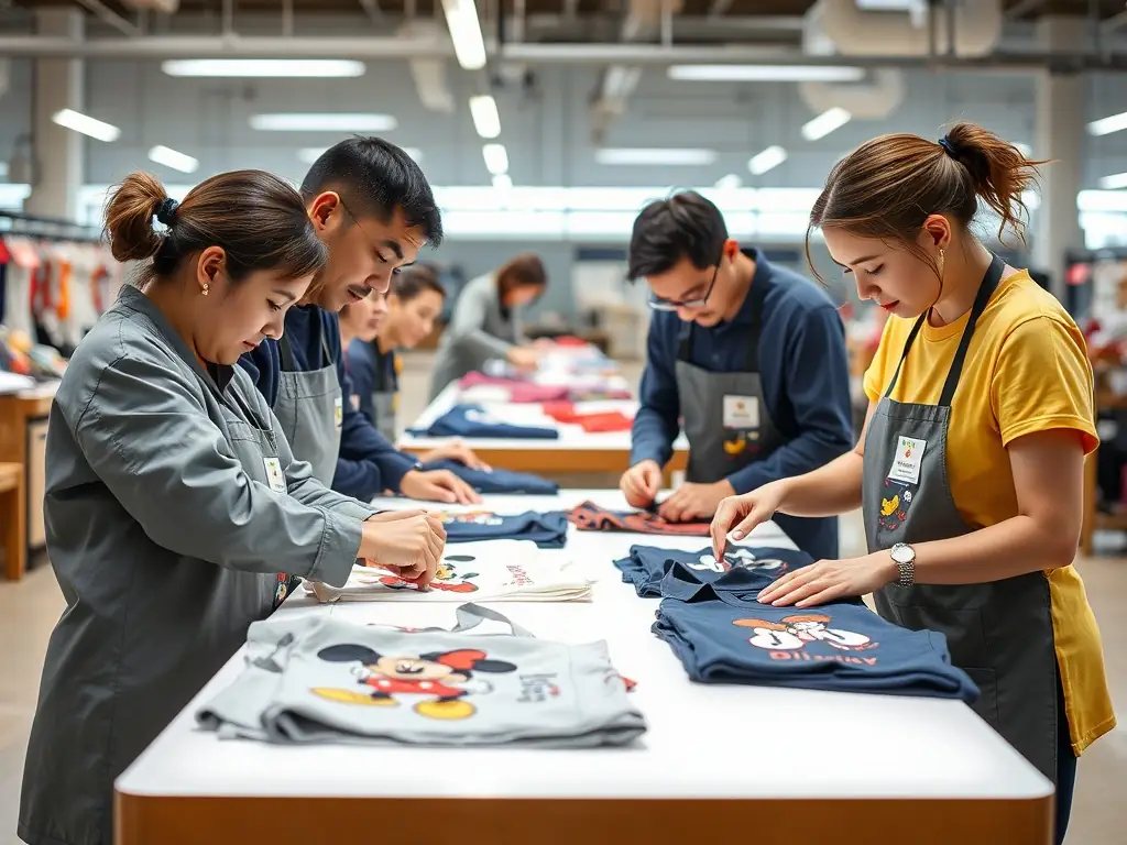 A quality control team inspecting Disney-themed apparel.
