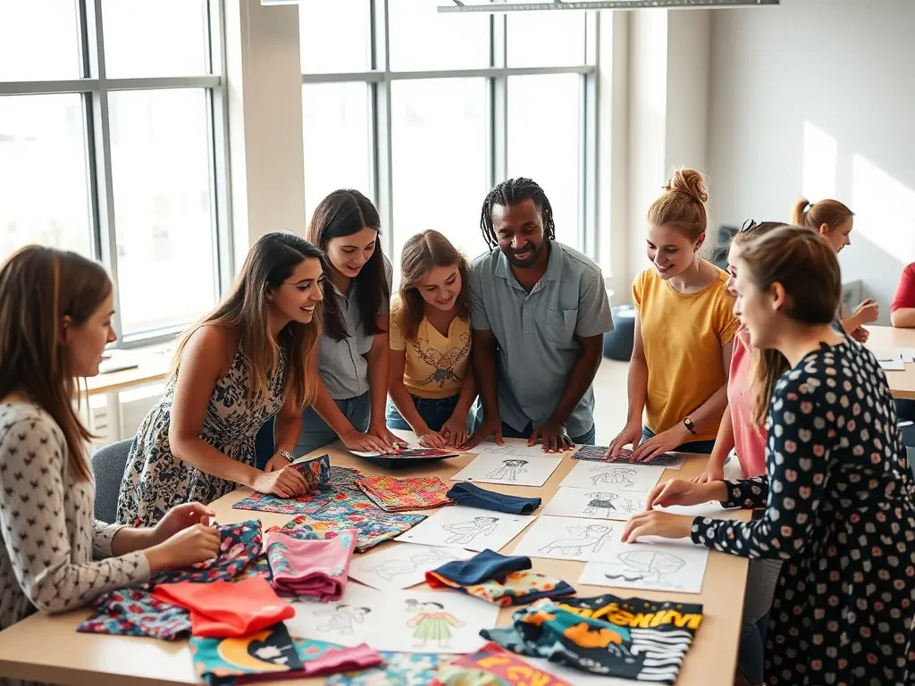 A creative design team at (주)헤니케이엔터 working on Disney-themed apparel.